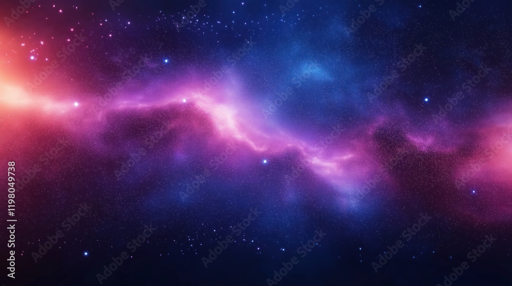 Naklejka premium Abstract space background featuring dark purple, blue gradient with grainy texture. Blurred edges create dreamlike atmosphere. Soft lighting, glowing stars add mystery. Suitable for graphic design