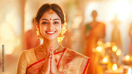 Radiant Indian Bride: A beautiful young woman in a traditional red and gold saree, adorned with exquisite jewelry.