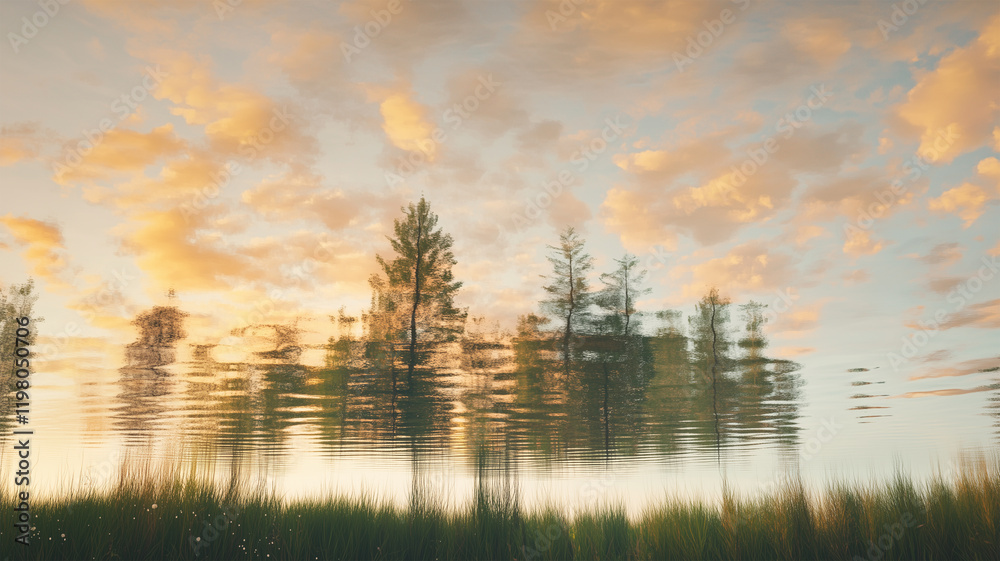 Naklejka premium 水面に映る逆転した世界が広がる湖畔の幻想風景