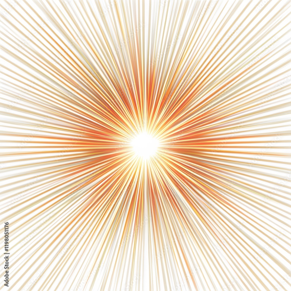 Design a bright, vibrant light burst illustration centered on a clean white background. The light source is very bright in the center, changing from pure white to warm yellow and soft orange as it rad