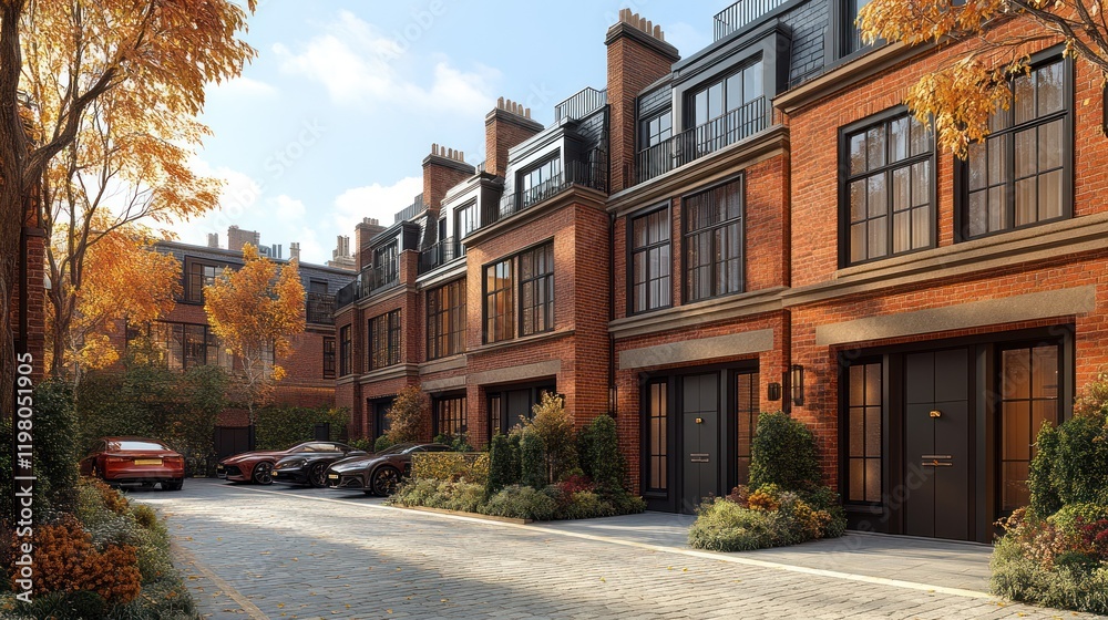 Naklejka premium Charming autumn scene featuring elegant brick townhouses lined with colorful foliage and parked cars