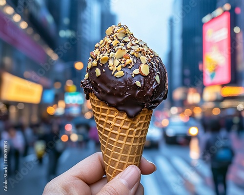 Ice Cream Cone Dipped in Dark Chocolate with Crushed Almonds Held Against an Urban Background photo