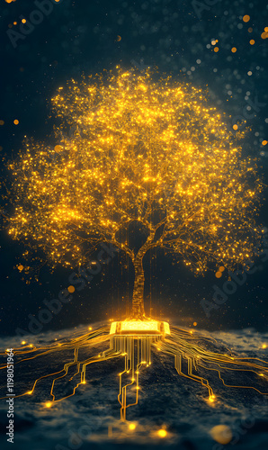 Futuristic Glowing Tree with Circuit Patterns, Symbolizing Technology and Nature Connection