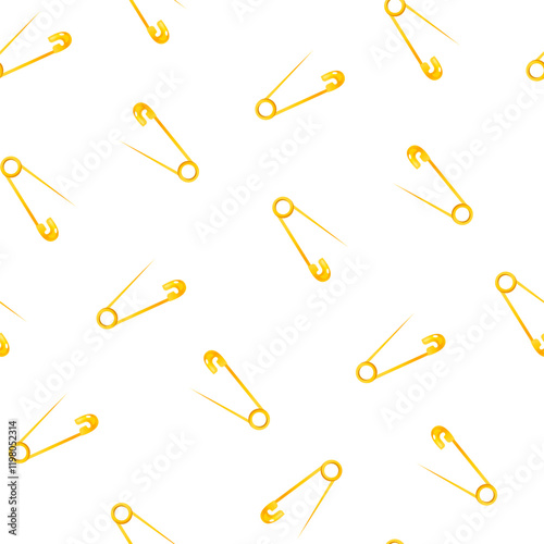 Vector seamless pattern with golden safety pins isolated on white background.