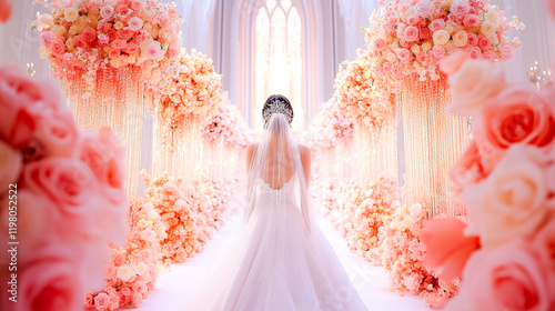 Aisle of Love: A bride in a flowing white gown walks towards the altar in a stunning church setting, adorned with breathtaking floral arrangements of soft pink and peach hues.