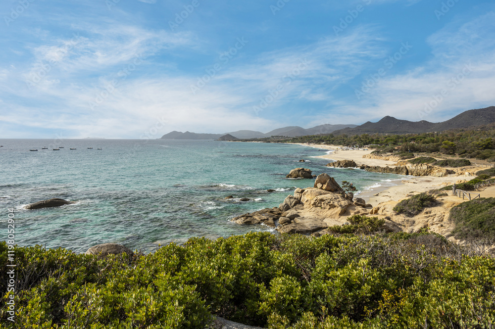 The famous beach of Costa Rei in Sardinia with turquoise and transparent water