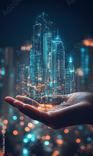 Hand holding futuristic cityscape with glowing buildings in a digital world