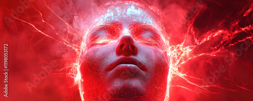 Futuristic Human Face with Glowing Neural Connections in a Red and Black Background