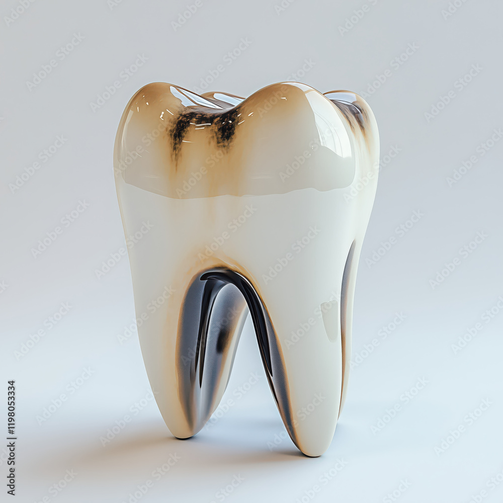 Simple Tooth Model with Visible Root Caries on light Background