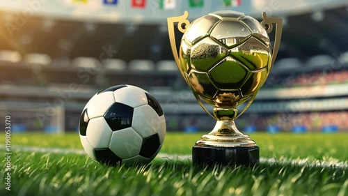 Soccer trophy placed on a pedestal with a football field in the background, symbolizing victory, sportsmanship, and achievement in football competitions. photo