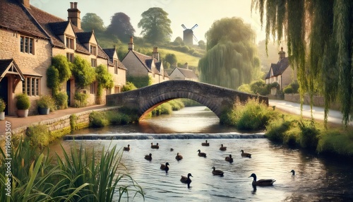 Ducks swimming on the river in the cotswolds village of lower slaughter at sunrise