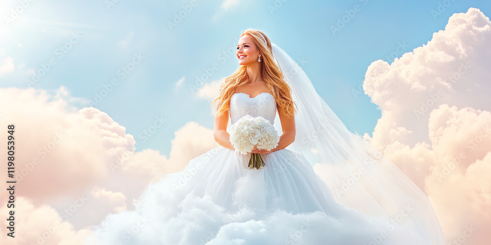 Bridal Bliss Above the Clouds: A radiant blonde bride in a stunning white wedding gown, smiles serenely amidst fluffy clouds, holding a bouquet of white flowers. The image evokes dreams, romance. Bridal Bliss Above the Clouds: A radiant blonde bride in a stunning white wedding gown, smiles serenely amidst fluffy clouds, holding a bouquet of white flowers. The image evokes dreams, romance.