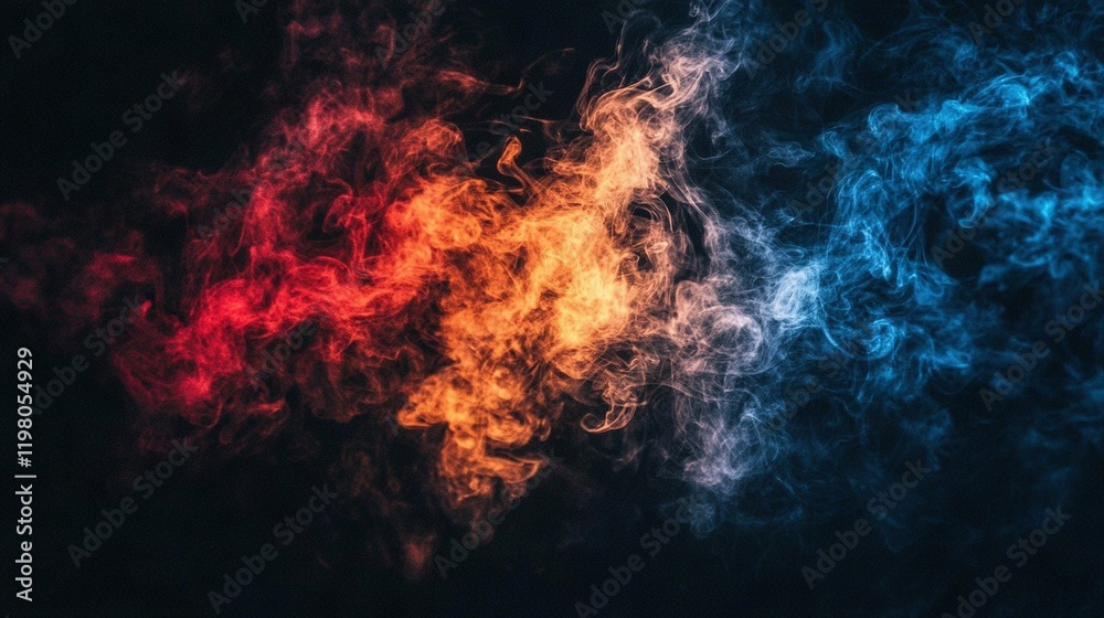 A group of multi-colored smokestacks on a dark background, with red, yellow, and blue trails rising from the center A group of multi-colored smokestacks on a dark background, with red, yellow, and blue trails rising from the center