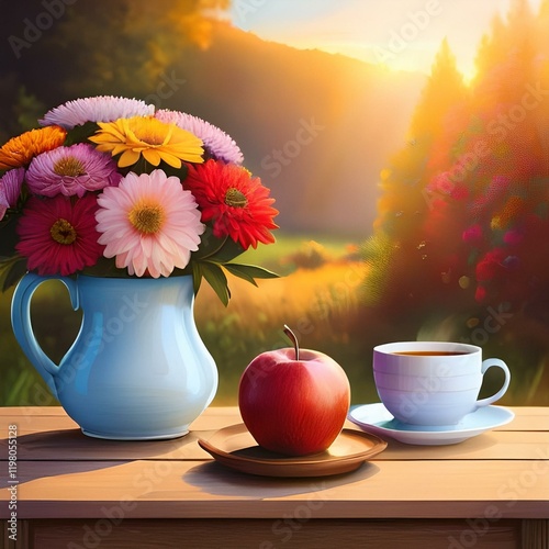 Une nature morte représentant une table en bois avec un vase de fleurs colorées, une pomme rouge et une tasse de thé, éclairée par la lumière douce du matin. photo