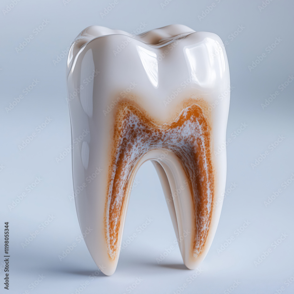 Simple Tooth Model with Visible Root Caries on light Background