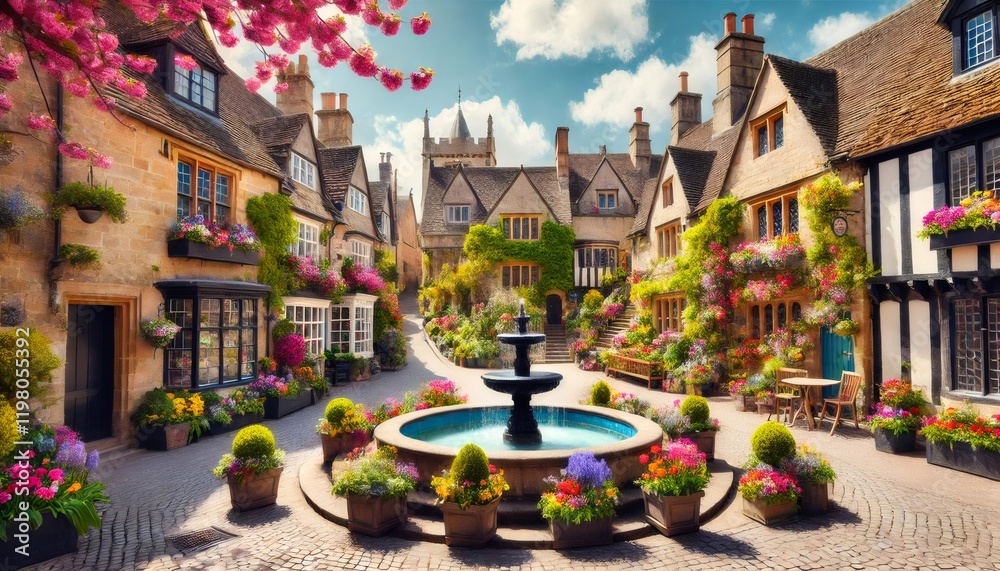 Fototapeta premium Picturesque broadway village in cotswolds blooming with colorful flowers during springtime