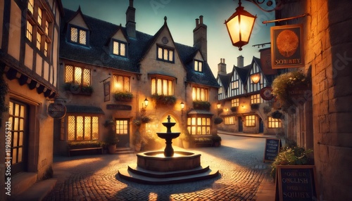 Charming english village square with illuminated fountain at dusk