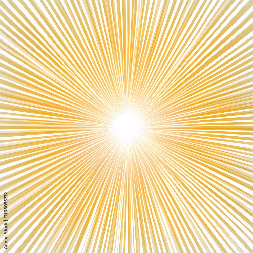 Design a bright, vibrant light burst illustration centered on a clean white background. The light source is very bright in the center, changing from pure white to warm yellow and soft orange as it rad