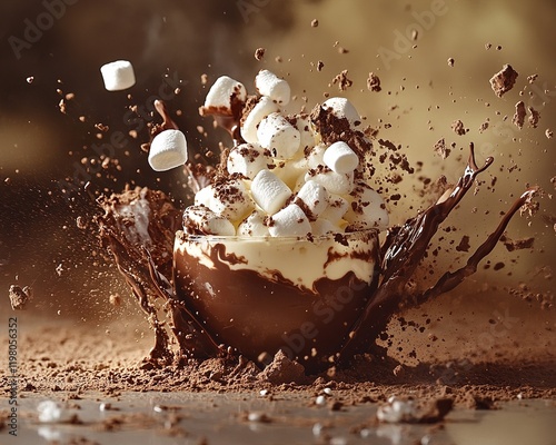 Gourmet Hot Chocolate Bomb Exploding in Milk with Cocoa and Marshmallows photo