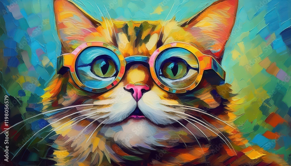 Fototapeta Charming Oil Painting Smiling Cute Cat in Glasses, Radiating Joy and Warmth in Vibrant Colors