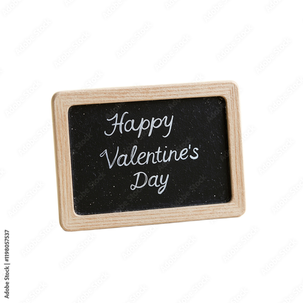 Miniature chalkboard with Happy Valentines Day message in white chalk on beige surface Miniature chalkboard with Happy Valentines Day message in white chalk on beige surface
