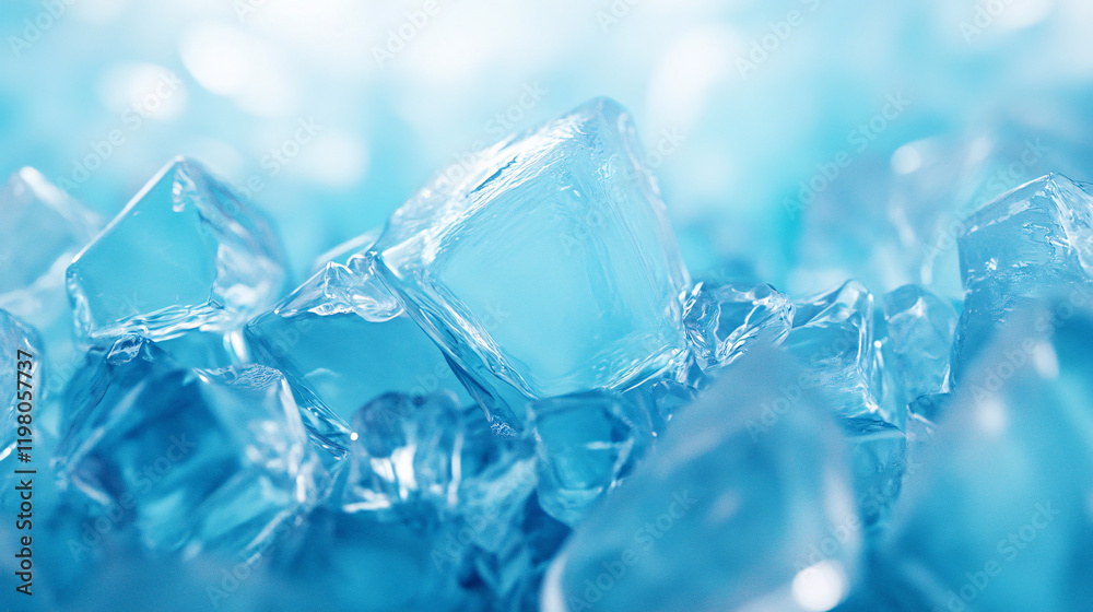 A close-up of sparkling blue ice cubes with crystal clarity and glossy reflections creating a refreshing and cool aesthetic

