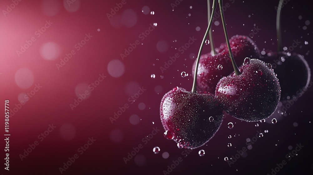 Fototapeta premium Cherries hang in clusters from a tree's branches, glistening with droplets of water