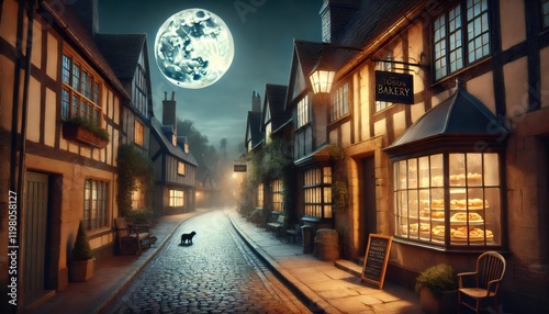 Black cat walking down cobblestone street in quaint english village at night under full moon