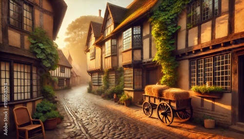 Golden sunrise illuminating quaint english village with cobblestone street and hay cart