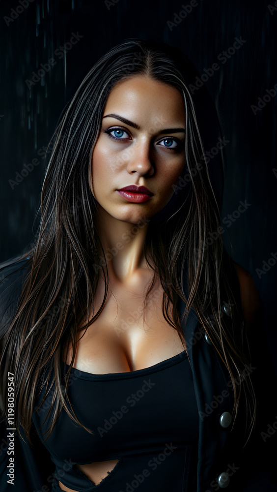 Fototapeta premium Post-apocalyptic female warrior with dark hair