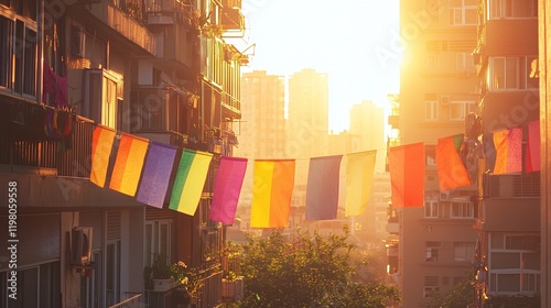 City Skyline at Dawn with Rainbow Flags and Warm Golden Sunrise Light photo