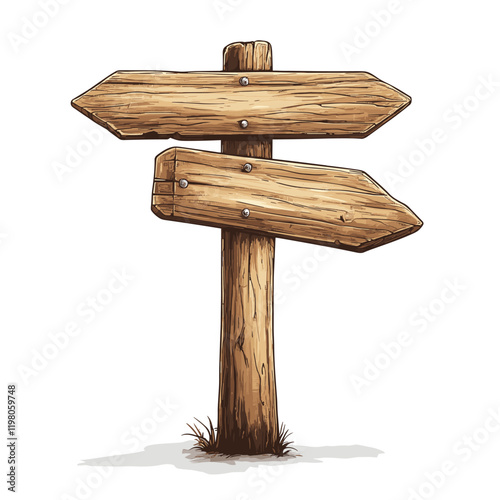 Wood signpost, pointing with direction in a vector cartoon style isolated on white background. Wild west, ui assets design. Empty plank, banner with arrow detailed and textured