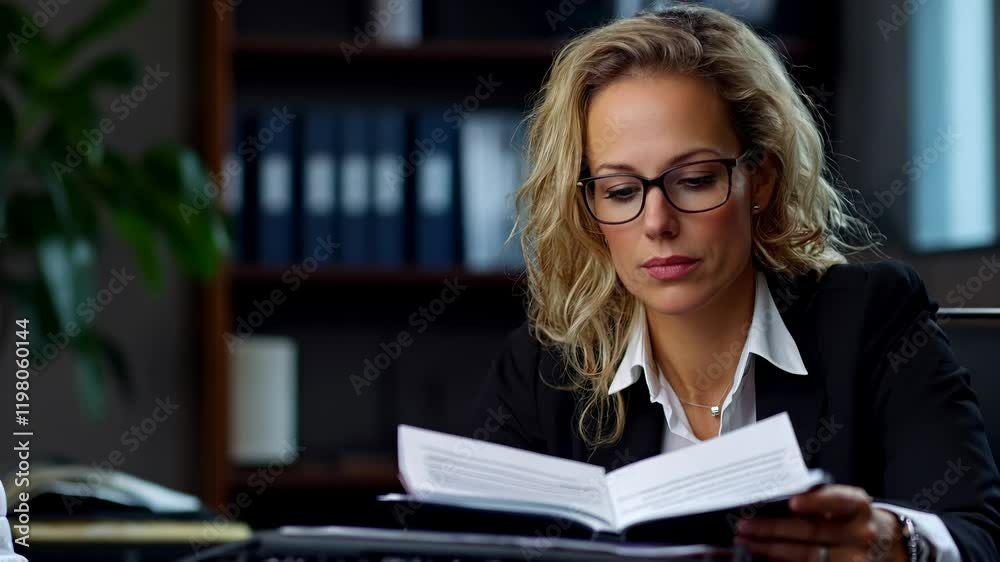 A focused professional examines important papers in a modern office environment. With her glasses on, she is engaged in her work. The office has shelves filled with books and files.