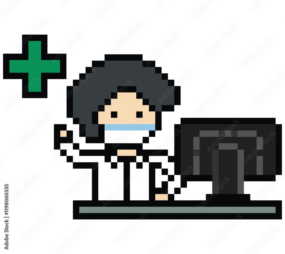 Obraz premium Cute pixel cartoon 8bit character man doctor or scientist game care for decoration pharmacist male doctor uniform in hospital 8 bit male pixel art game 8bit png vector.