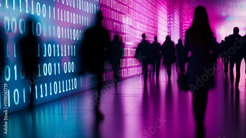 Wallpaper Mural Silhouettes of people walking in a digital tunnel with binary code and glowing pink and blue light, symbolizing technology and connectivity.
 Torontodigital.ca