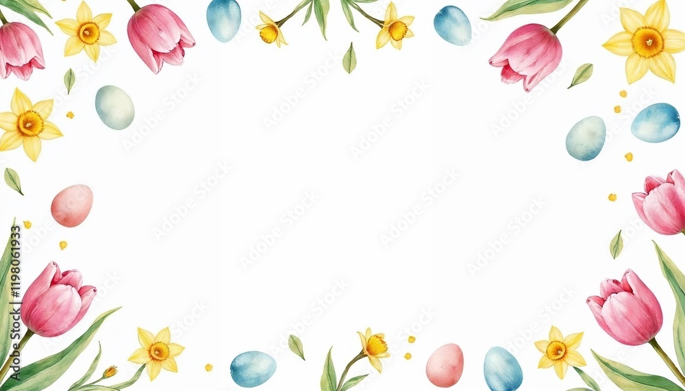 Scattered tulips, daffodils, and eggs in soft tones, Easter background Scattered tulips, daffodils, and eggs in soft tones, Easter background