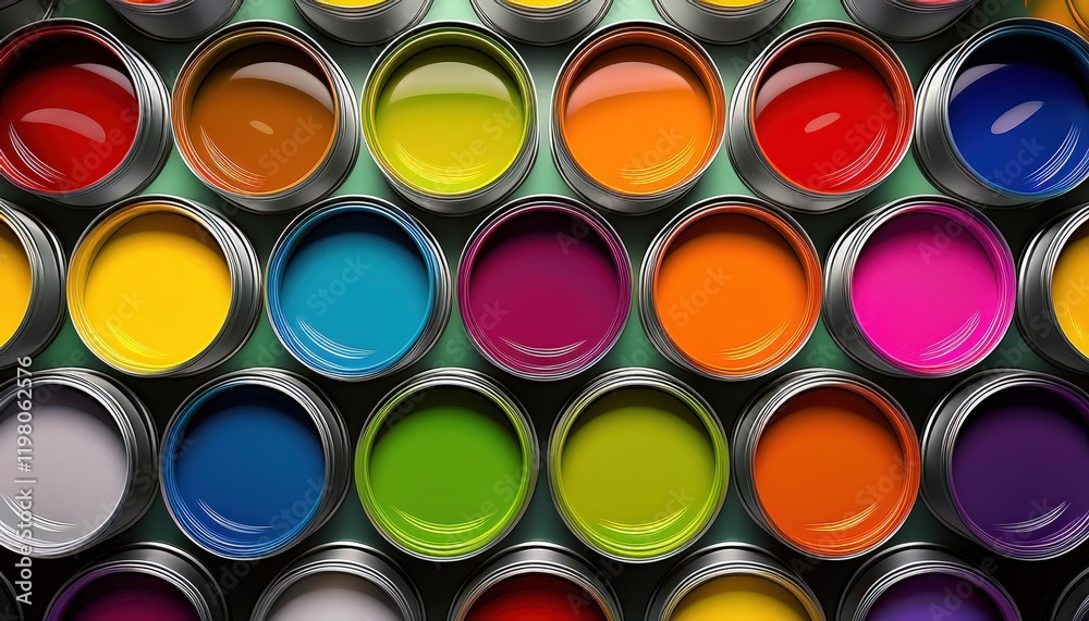 Vibrant Multi Color Paint Cans Arrangement on a Minimal Background, Showcasing a Variety of Intense Hues and Textures Vibrant Multi Color Paint Cans Arrangement on a Minimal Background, Showcasing a Variety of Intense Hues and Textures