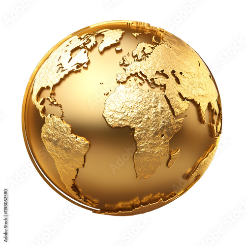Golden Globe 3D Rendering with Textured Surface - World Map in Gold Color