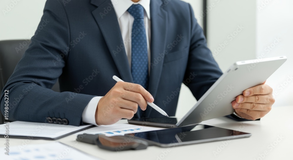 Man in a suit is writing on a tablet Man in a suit is writing on a tablet