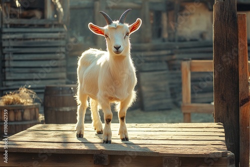 Curious goat standing on wooden platform in sunlit farmyard with rustic decor and warm natural lighting photo