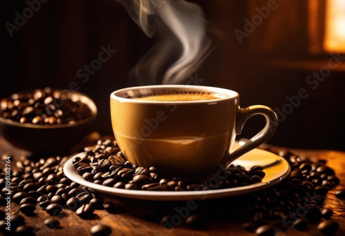 close perspective steaming coffee cup surrounded aromatic coffee beans displaying rich texture inviting warmth, drink, beverage, heat, caffeine, mug, dark