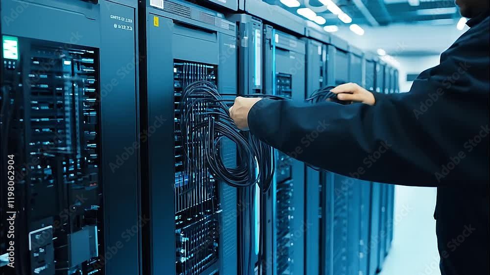 Black cables are plugged into a server rack in a data center