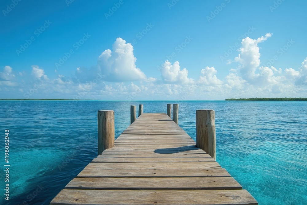 Fototapeta premium Peaceful wooden pier extending into clear blue waters under a sunny sky with some clouds