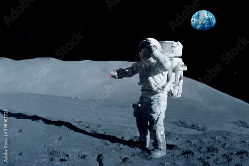 Astronaut is walking on the moon. With land on the horizon. Elements of this image were furnished by NASA. 