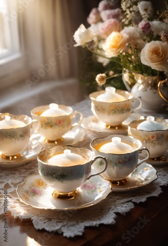 Wallpaper Mural close shots delicate teacups steaming brews capturing warmth elegance, liquid, porcelain, ceramic, beverage, color, design, decoration, drinkware, floral Torontodigital.ca