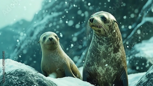   A pair of sea lions perched atop a snowy mound near a rocky outcrop encased in snow