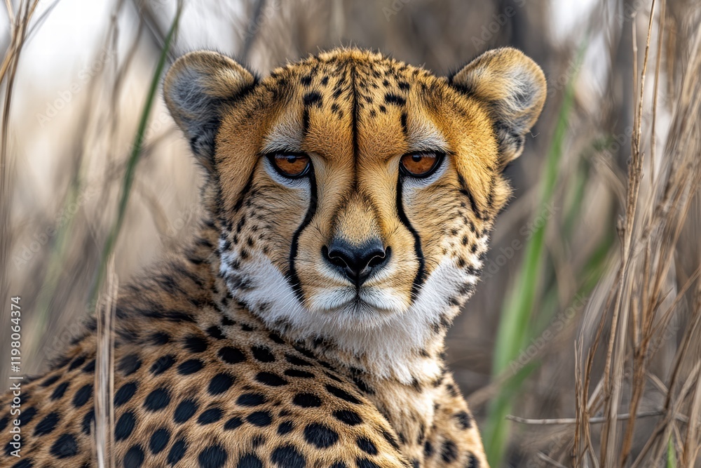 Cheetah resting calmly in the tall grass of an African savannah under warm sunlight