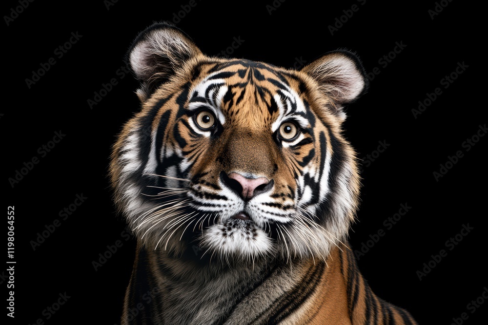 Obraz premium Close-up view of a tiger's head showcasing its fierce expression and striking features