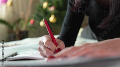 Young woman in black clothes keeping a diary lying on the bed. home environment.