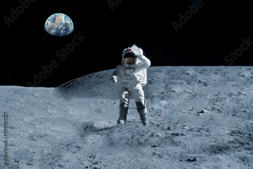 Astronaut is walking on the moon. With land on the horizon. Elements of this image were furnished by NASA. 